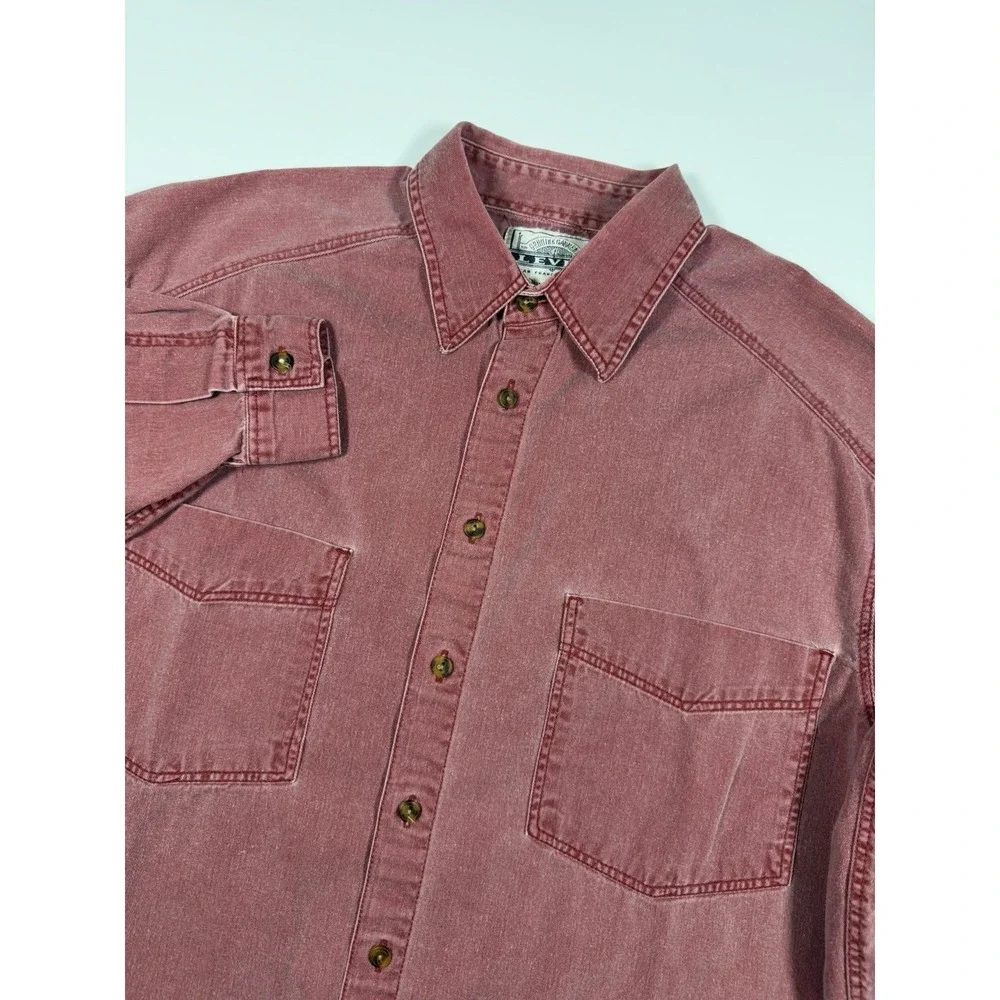 Vintage 90s Levis Denim Shirt Mens Medium Red Faded Washed Button Up Workwear